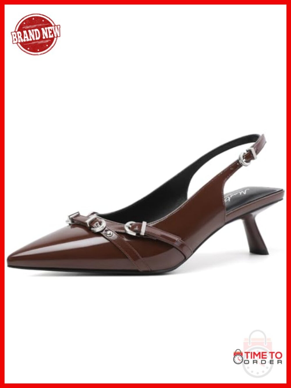 Kitten Heels Pointed Toe Slingback Faux Leather Low Heel Buckle